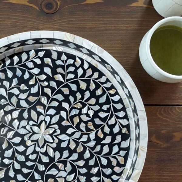 Mother of Pearl Round Serving Tray with Vintage Floral Design