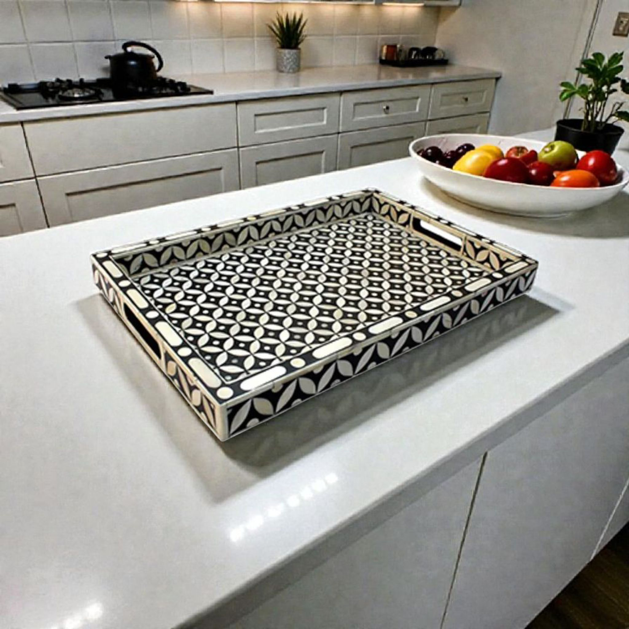 Bone Inlay Geometric Rectangular Serving Tray Bone Inlay Geometric Rectangular Serving Tray