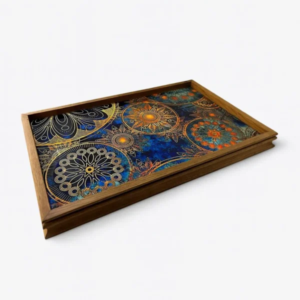Handcrafted rectangular wooden serving tray with colorful mandala artwork.