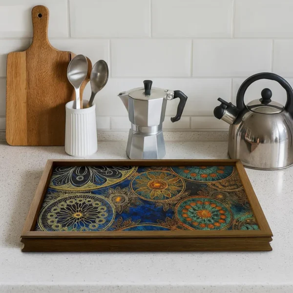 Handcrafted rectangular wooden serving tray with colorful mandala artwork.