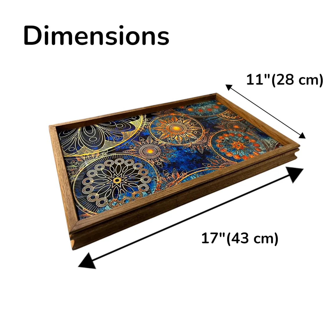 Rectangular Wooden Mandala Serving Tray Handcrafted rectangular wooden serving tray with colorful mandala artwork.