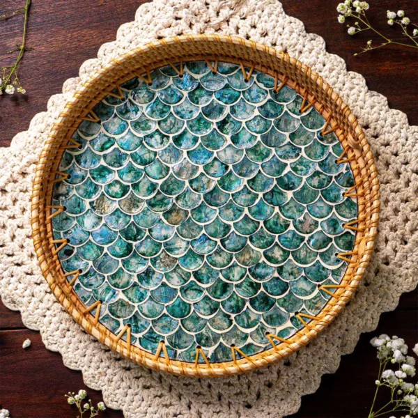 Mother of Pearl Mermaid Scale Round Rattan Serving Tray