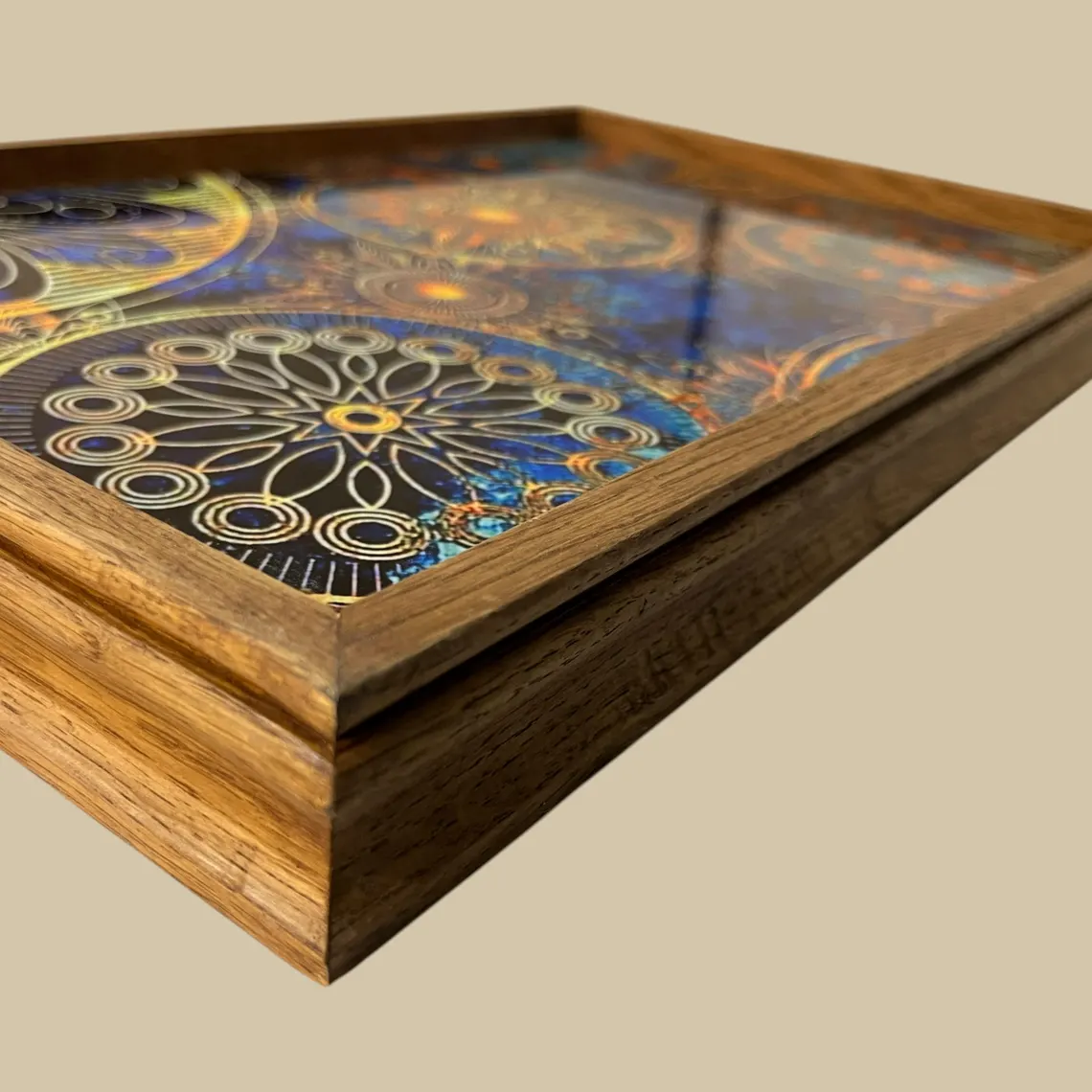 Rectangular Wooden Mandala Serving Tray Handcrafted rectangular wooden serving tray with colorful mandala artwork.
