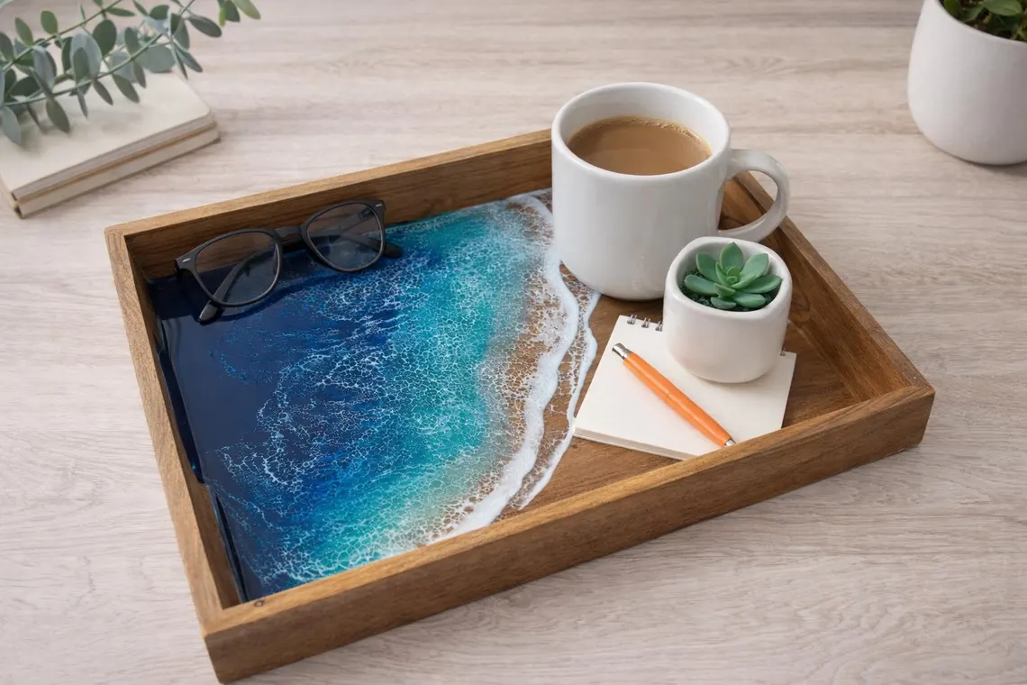 Ocean Wave Resin Wooden Serving Tray Ocean Wave Resin and Wooden Serving Tray with Beach Inspired Epoxy Art