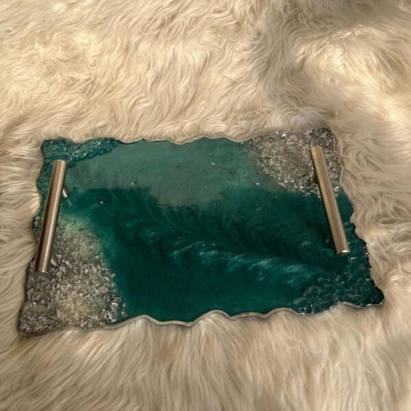 Luxury handcrafted emerald green epoxy resin serving tray with stainless steel handles
