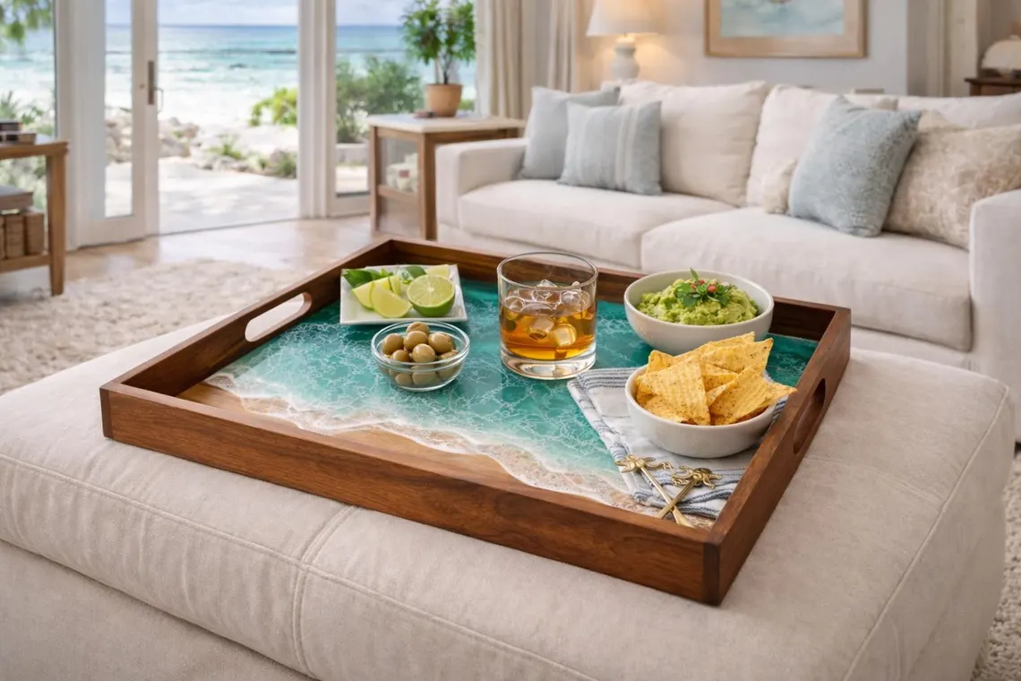 Ocean Wave Resin Wooden Serving Tray
