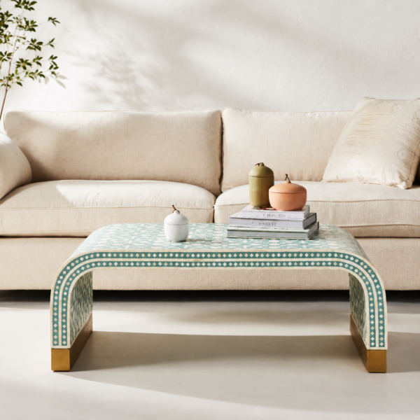 Handcrafted green and white bone inlay waterfall coffee table by HandiGlobe
