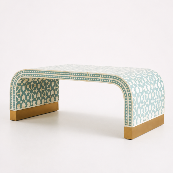 Handcrafted green and white bone inlay waterfall coffee table by HandiGlobe
