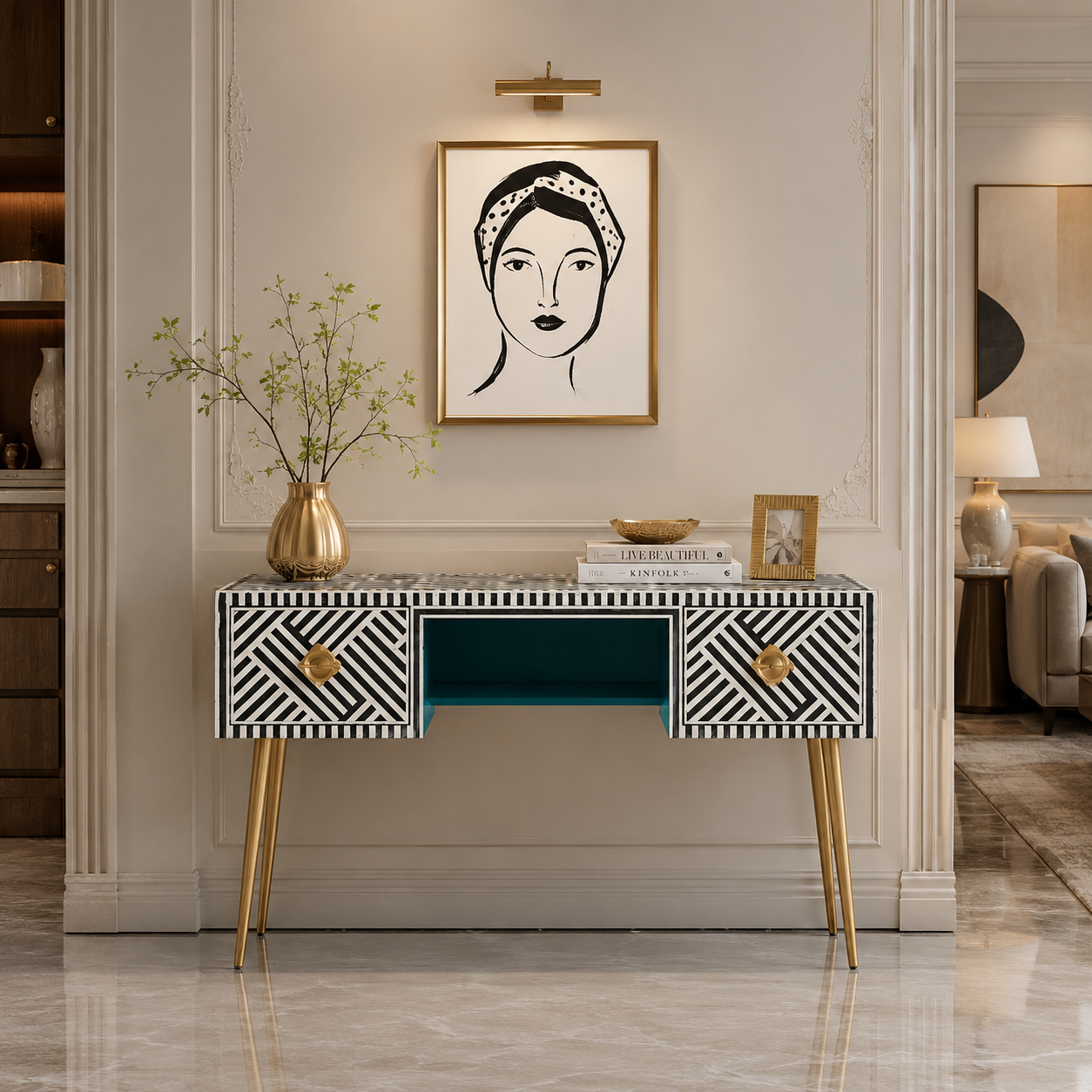 Black and White Bone Inlay Console Table with Gold Legs Luxury bone inlay console table in elegant villa interior