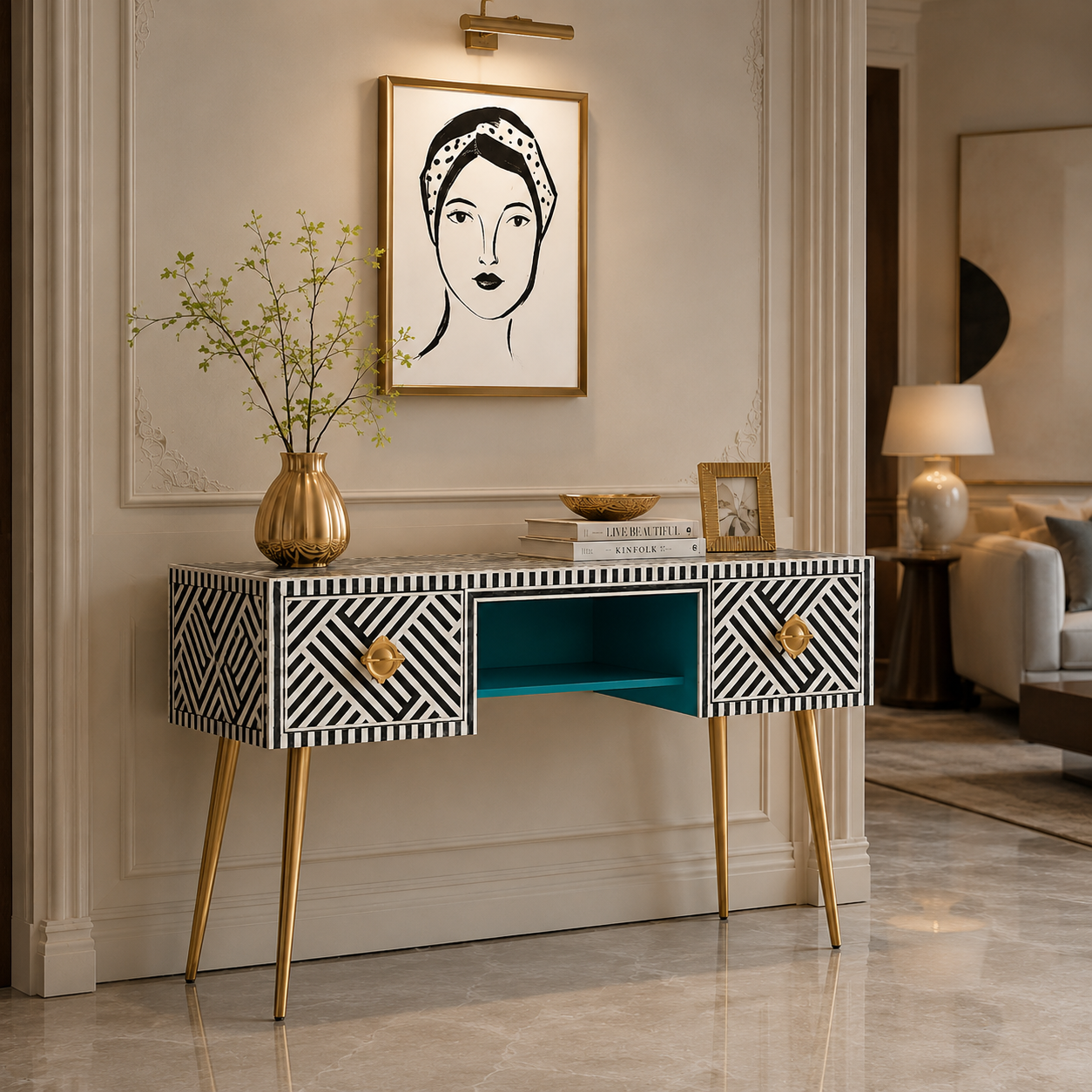 Black and White Bone Inlay Console Table with Gold Legs Geometric bone inlay accent table for hallway and entryway