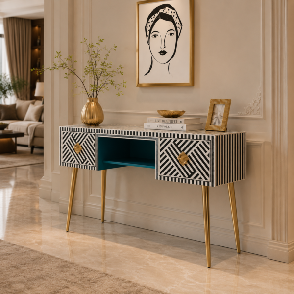 Handcrafted black and white inlay console table with gold legs