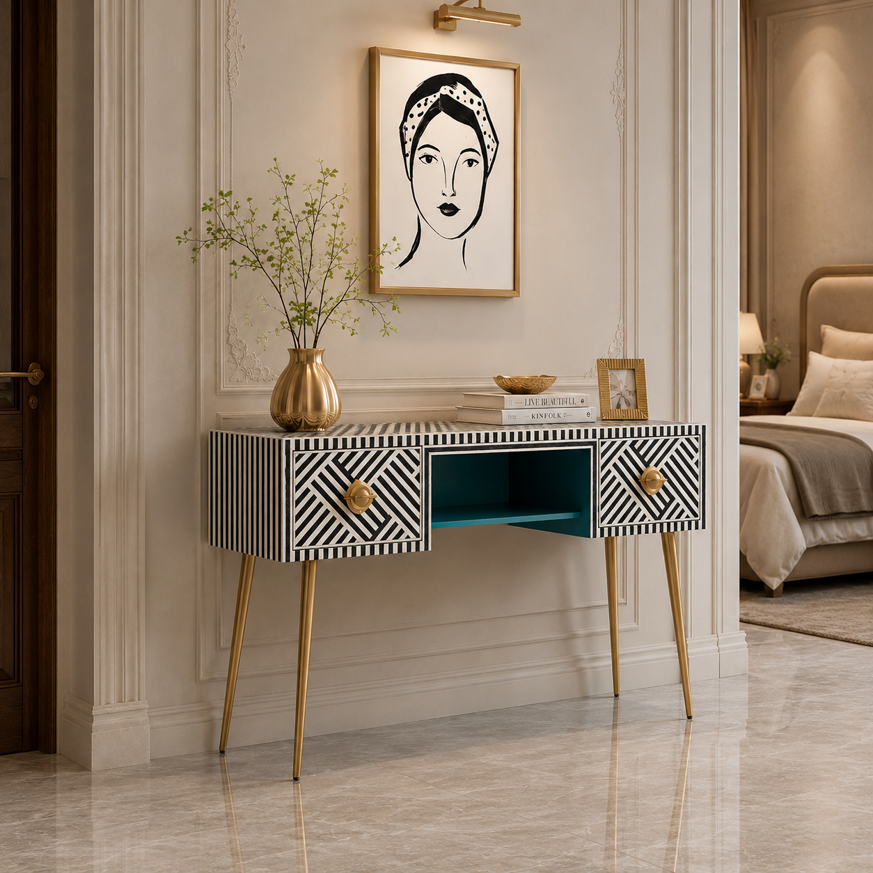 Black and White Bone Inlay Console Table with Gold Legs Premium bone inlay writing desk with drawers and open shelf