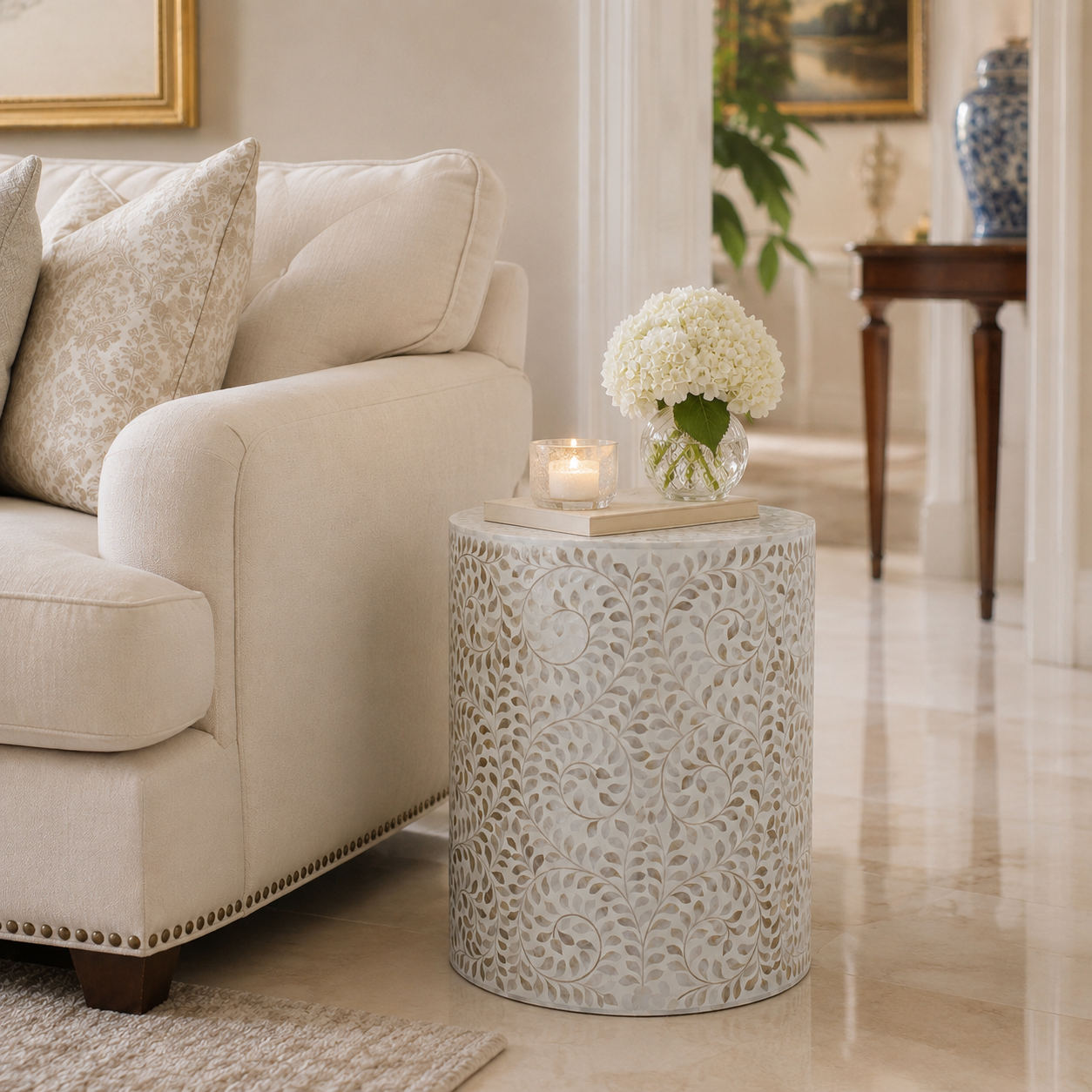 White Bone Inlay Round Side Table White bone inlay round side table beside cream sofa in luxury living room