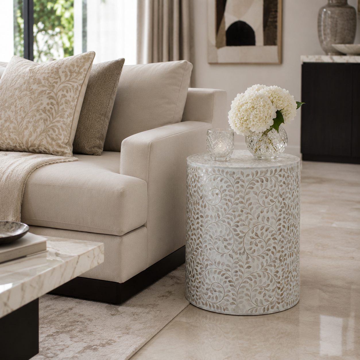 White Bone Inlay Round Side Table Luxury white bone inlay end table with floral design in modern villa interior