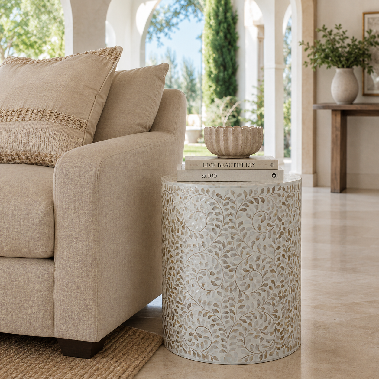 White Bone Inlay Round Side Table Round bone inlay accent table beside sofa in bright Mediterranean villa