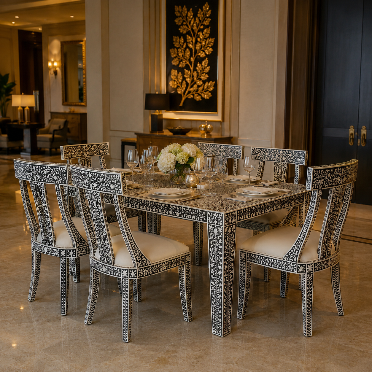 Black & White Bone Inlay Dining Table Set with 6 Chairs Indian bone inlay dining table set with six chairs for luxury hospitality projects