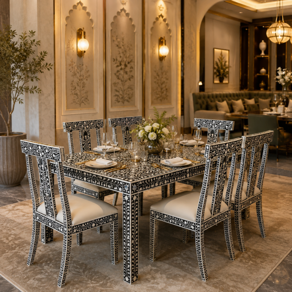 Luxury bone inlay dining table with six matching chairs in hotel dining room