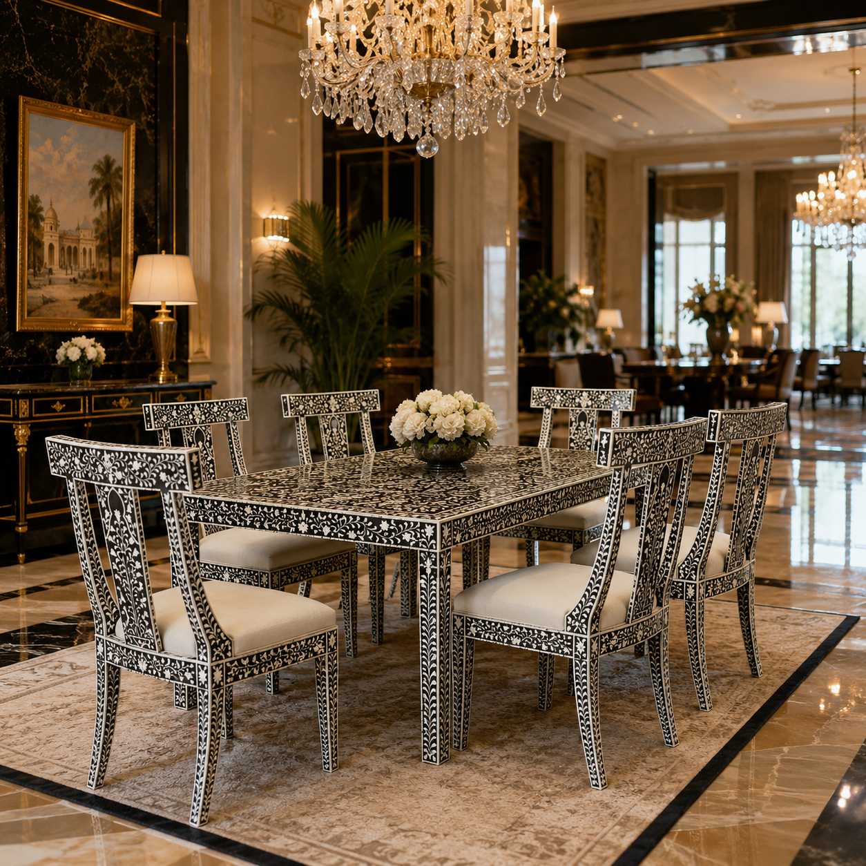 Black & White Bone Inlay Dining Table Set with 6 Chairs Floral bone inlay dining table and upholstered chairs in premium hotel setting
