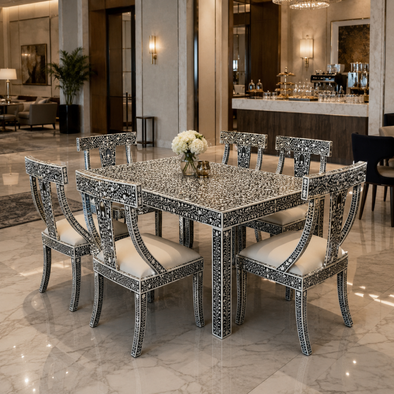 Handcrafted black and white bone inlay dining set for luxury restaurant interior