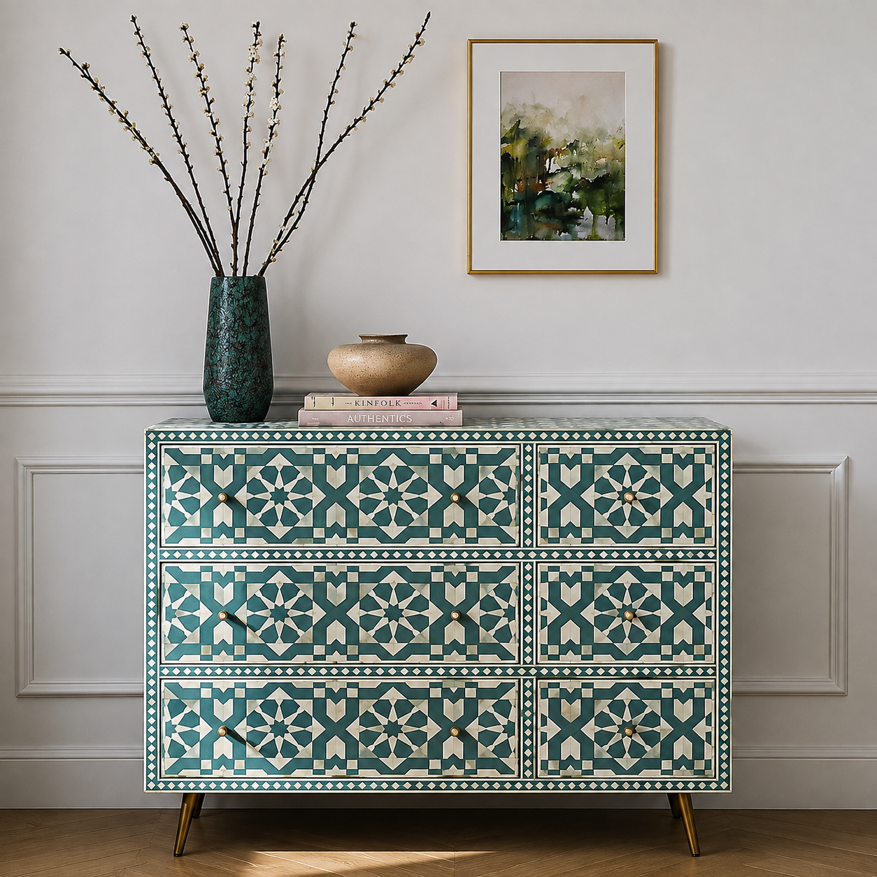 Moroccan Bone Inlay 6 Drawer Chest Handcrafted Moroccan Bone Inlay 6 Drawer Chest in Teal and White with Geometric Pattern