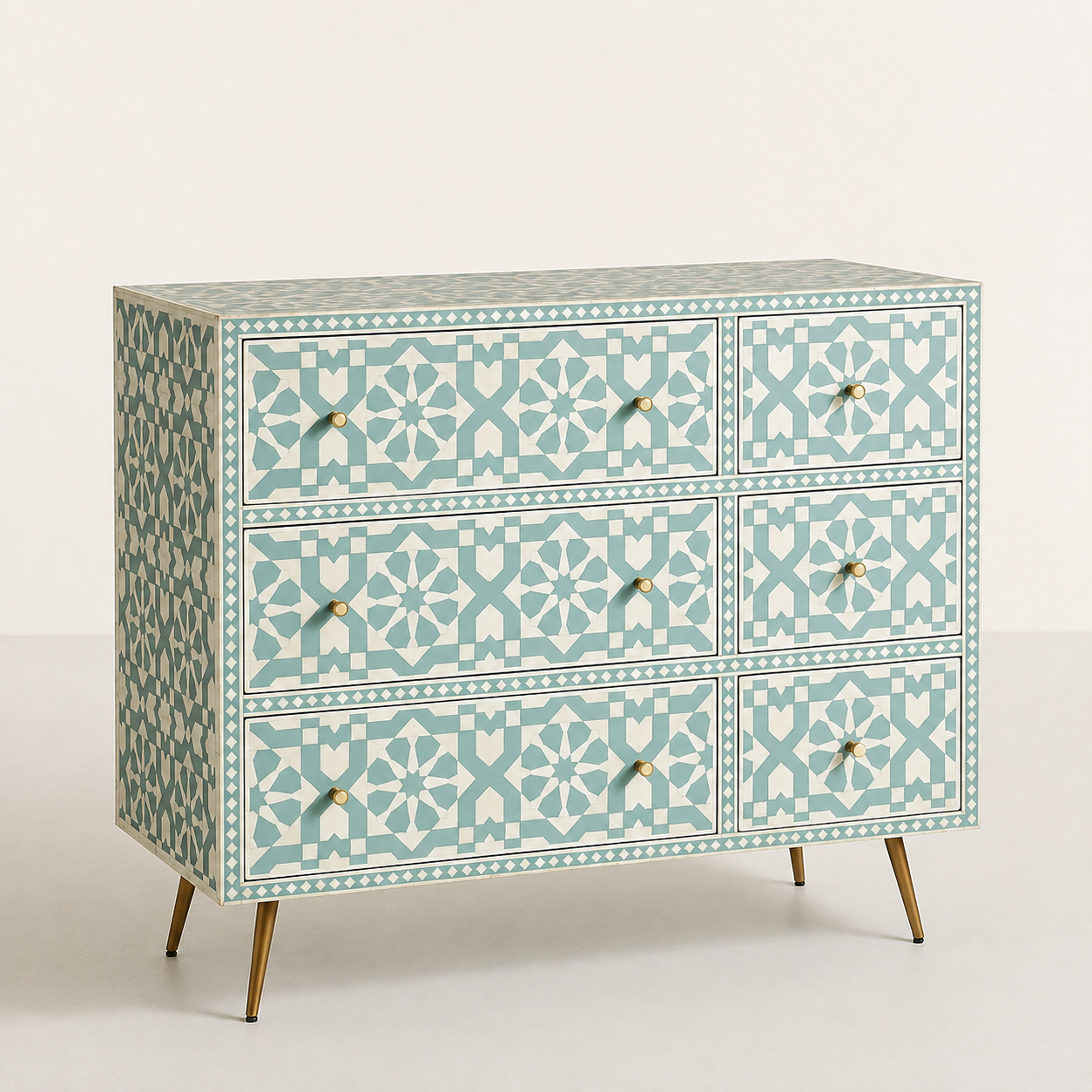 Moroccan Bone Inlay 6 Drawer Chest Handcrafted Moroccan Bone Inlay 6 Drawer Chest in Teal and White with Geometric Pattern
