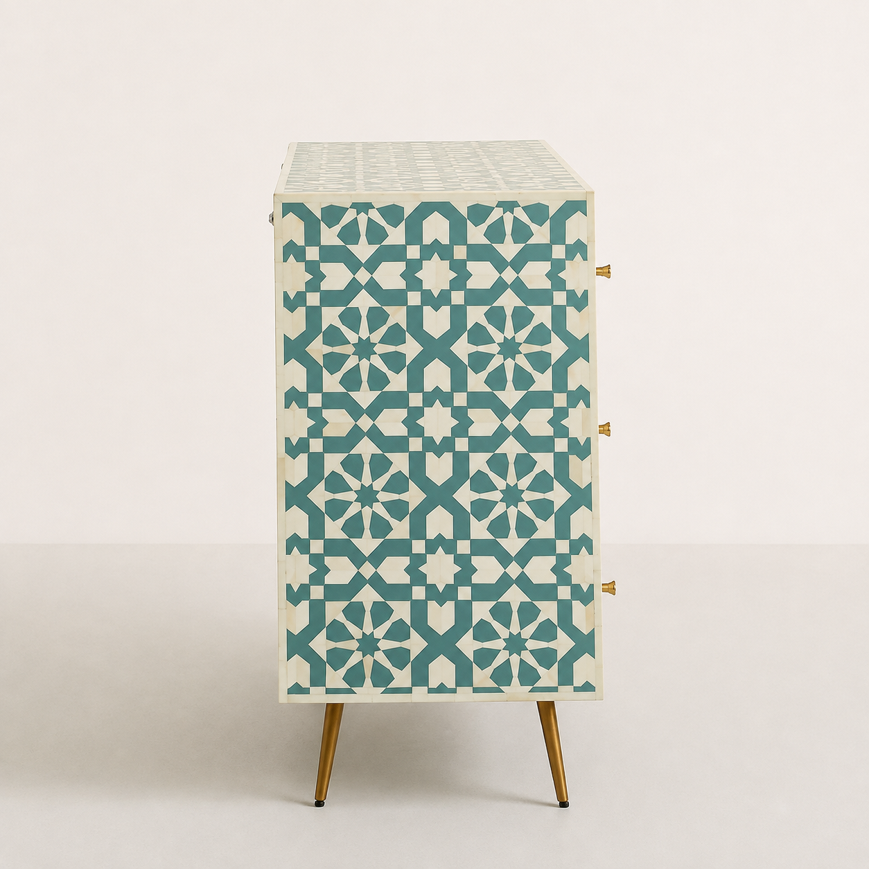 Moroccan Bone Inlay 6 Drawer Chest Handcrafted Moroccan Bone Inlay 6 Drawer Chest in Teal and White with Geometric Pattern