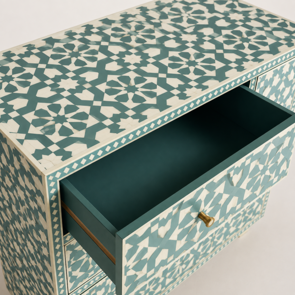 Handcrafted Moroccan Bone Inlay 6 Drawer Chest in Teal and White with Geometric Pattern