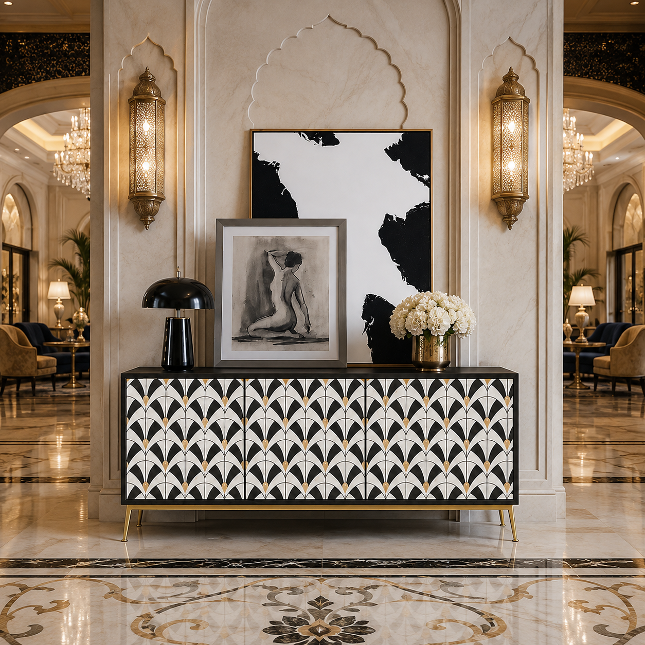 Close-up of handcrafted black and white bone inlay geometric pattern with premium brass hardware Close-up of handcrafted black and white bone inlay geometric pattern with premium brass hardware