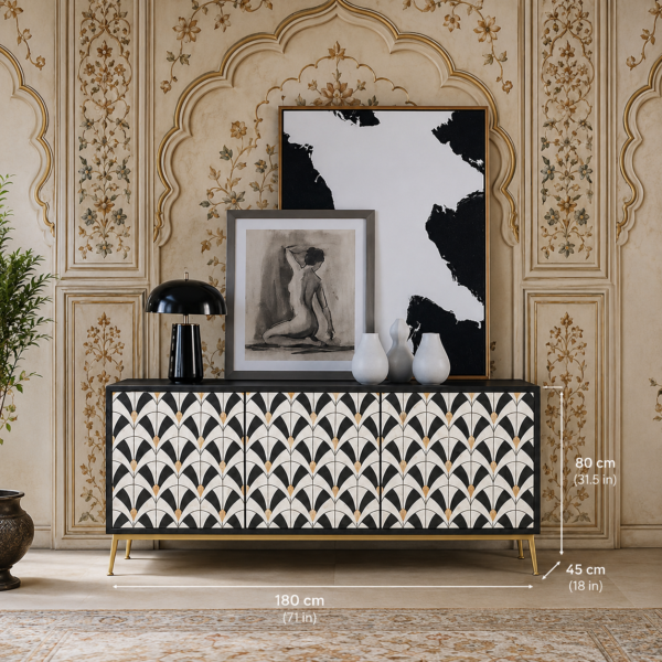 Black and White Art Deco Bone Inlay Sideboard Cabinet handcrafted with geometric fan pattern and brass legs