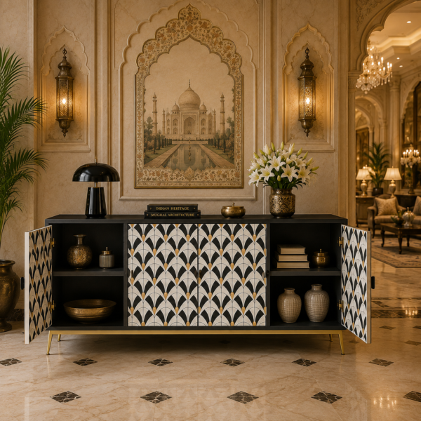 Handmade Bone Inlay Sideboard Cabinet showing elegant Art Deco fan pattern from angled perspective