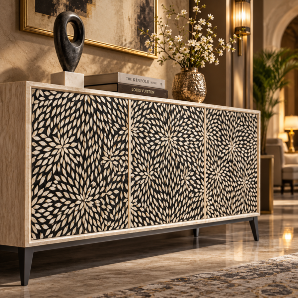 Black Floral Bone Inlay Sideboard Cabinet handcrafted with intricate leaf pattern and contemporary metal legs