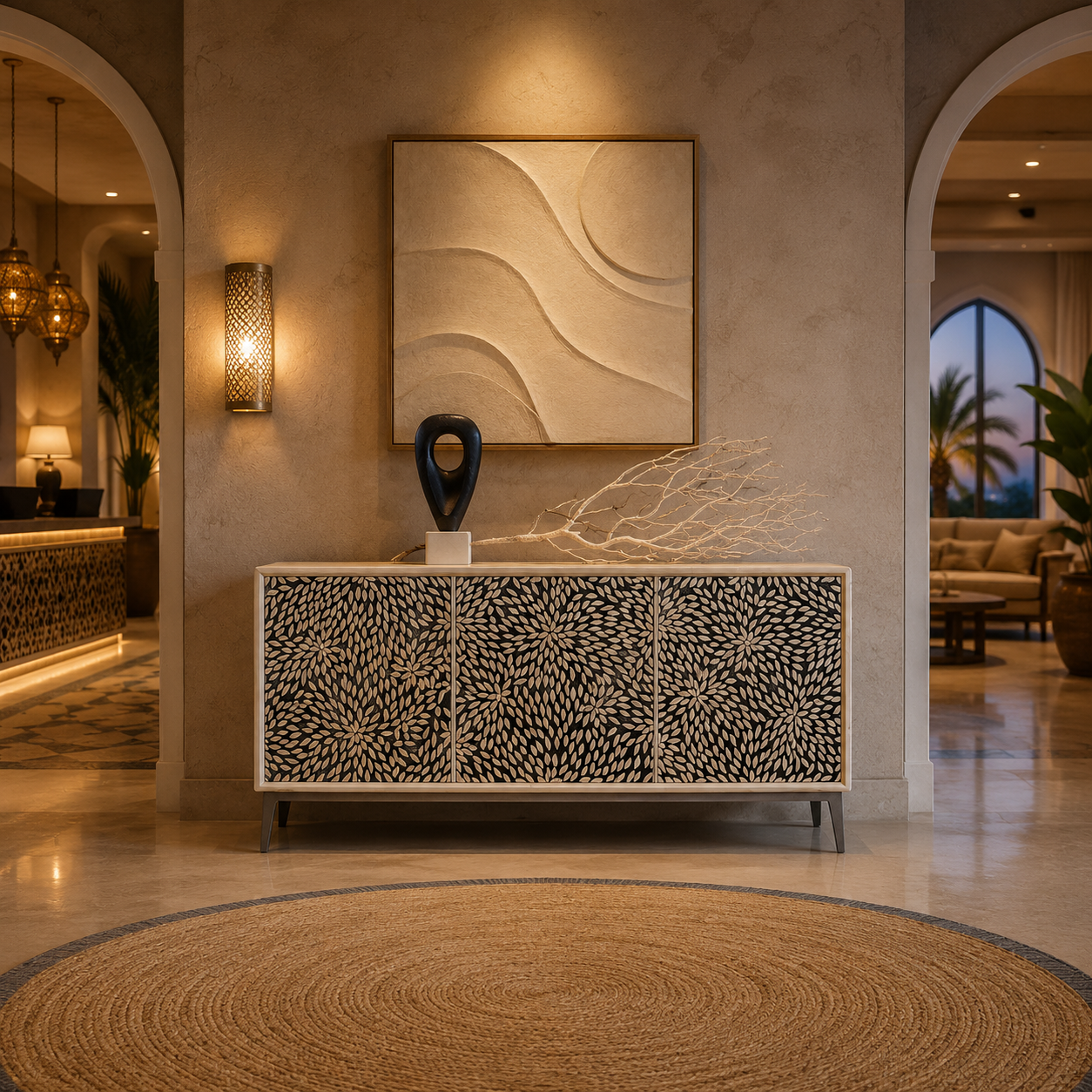 Close-up of handcrafted black floral bone inlay leaf pattern on luxury wooden sideboard cabinet Handmade bone inlay sideboard cabinet with open doors displaying spacious interior storage compartments