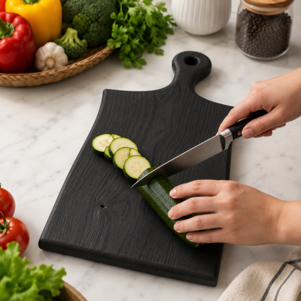 Handcrafted Black Wooden Chopping Board with Handle for Cheese, Bread and Charcuterie Serving