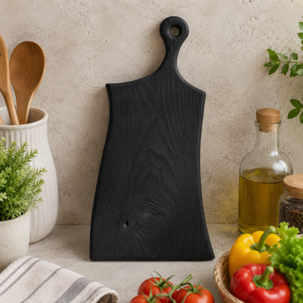 Handcrafted Black Wooden Chopping Board with Handle for Cheese, Bread and Charcuterie Serving