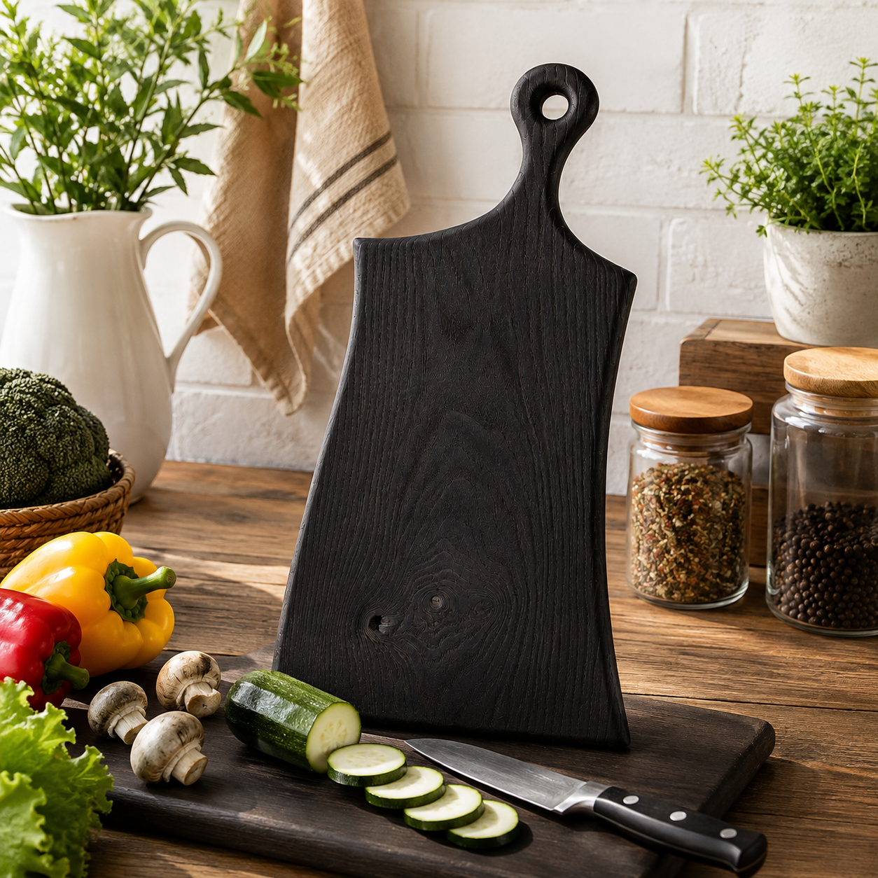 Black Wooden Chopping Board with Handle Handcrafted Black Wooden Chopping Board with Handle for Cheese, Bread and Charcuterie Serving