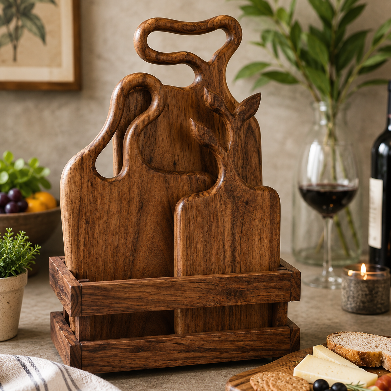 Handcrafted wooden chopping board set with decorative wooden storage stand made from premium solid wood for modern kitchens. Handcrafted wooden chopping board set with decorative wooden storage stand made from premium solid wood for modern kitchens.