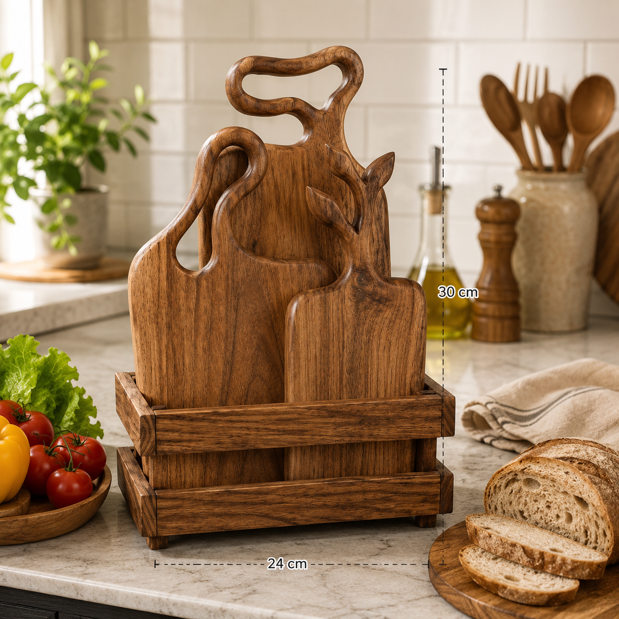 Handcrafted Wooden Chopping Board Set with Stand Handcrafted wooden chopping board set with decorative wooden storage stand made from premium solid wood for modern kitchens.