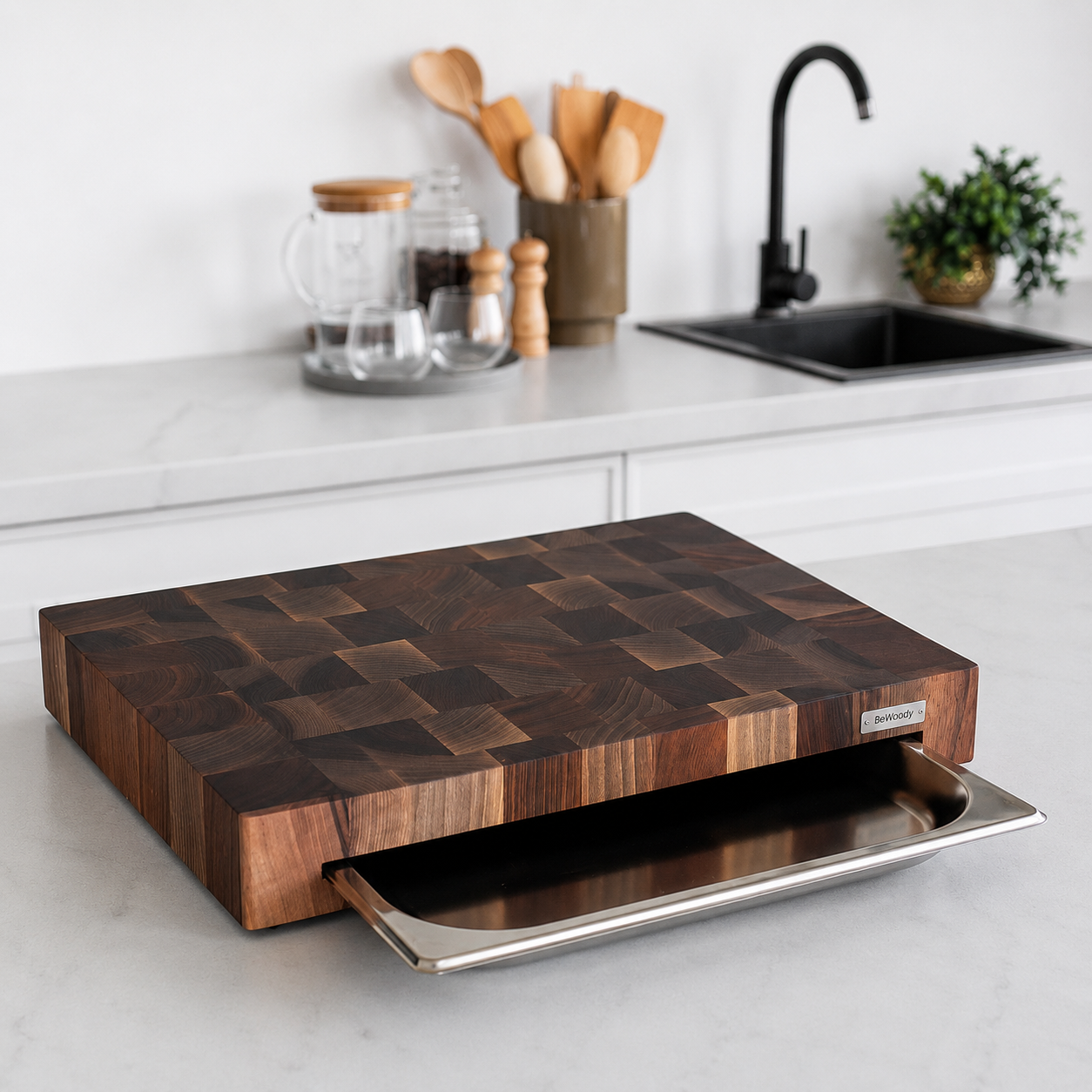 Premium wooden cutting board with removable drip tray Premium wooden cutting board with removable drip tray