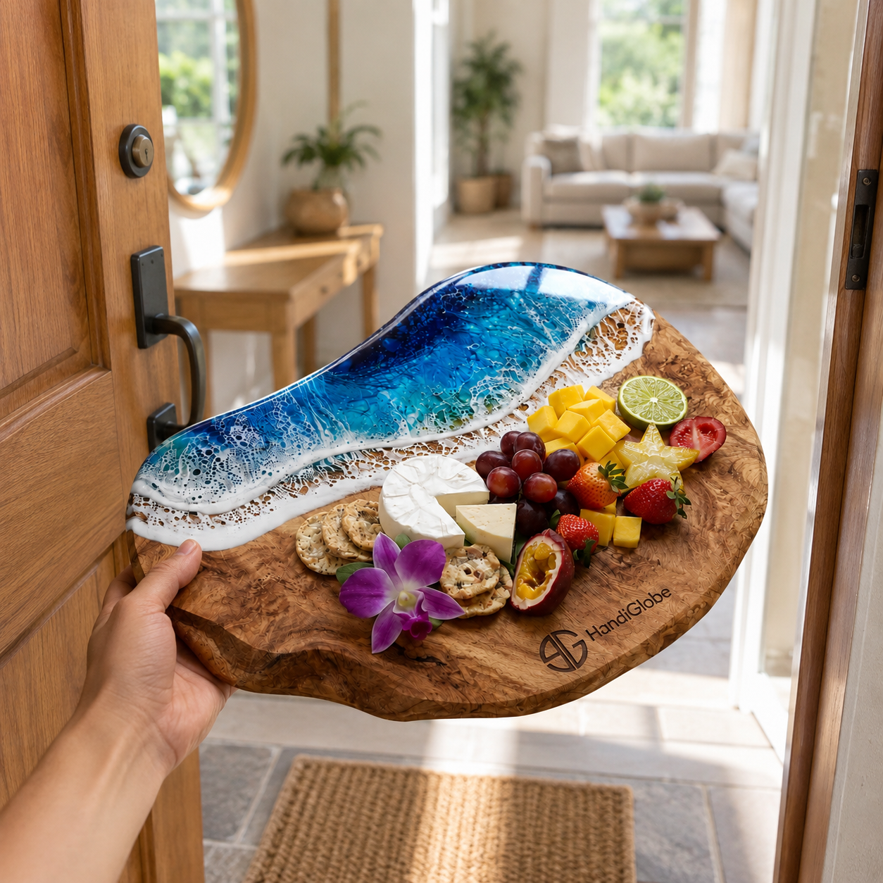 Handcrafted Wooden & Epoxy Resin Ocean Serving Board Handcrafted wooden and epoxy resin ocean serving board with cheese and fruits