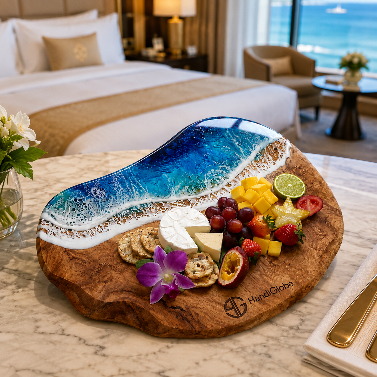 Handcrafted Wooden & Epoxy Resin Ocean Serving Board Handcrafted wooden and epoxy resin ocean serving board with cheese and fruits