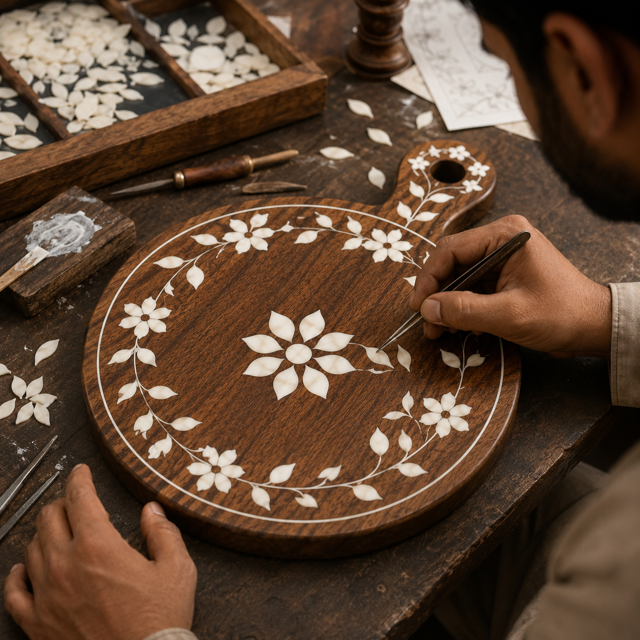 Handcrafted wooden Mother of Pearl inlay chopping and serving board with floral design Handcrafted wooden Mother of Pearl inlay chopping and serving board with floral design