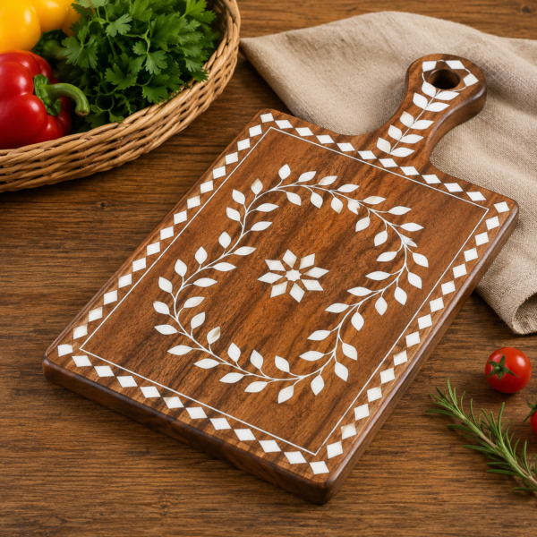Handcrafted wooden Mother of Pearl inlay chopping and serving board with floral design
