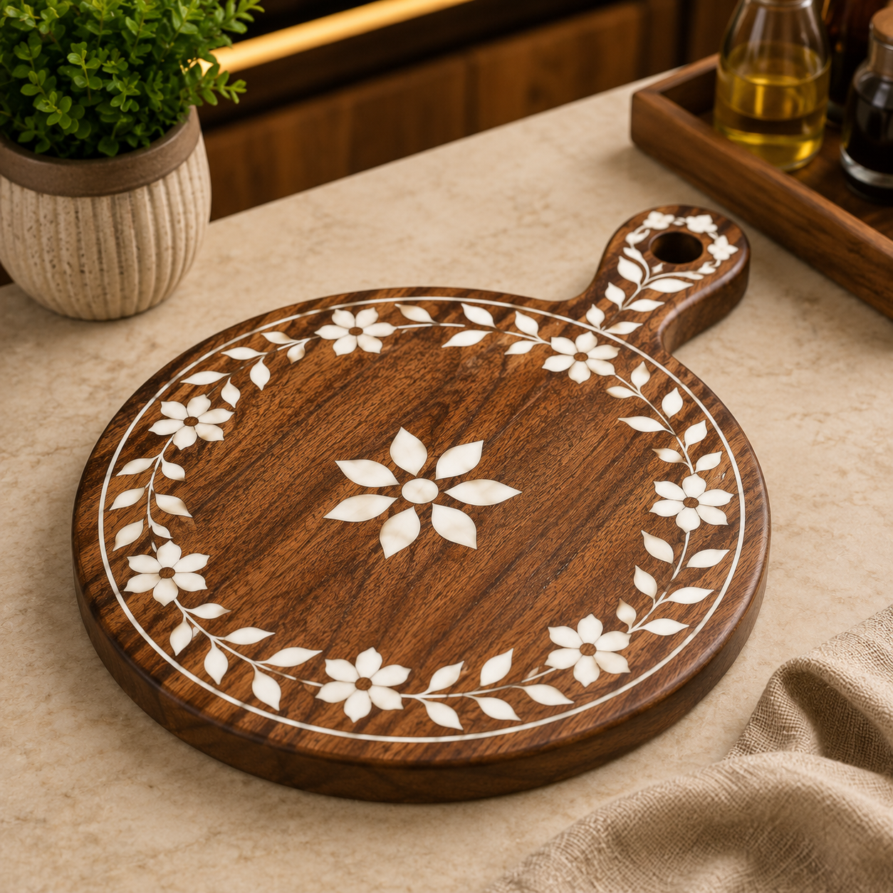 Handcrafted wooden Mother of Pearl inlay chopping and serving board with floral design Handcrafted wooden Mother of Pearl inlay chopping and serving board with floral design