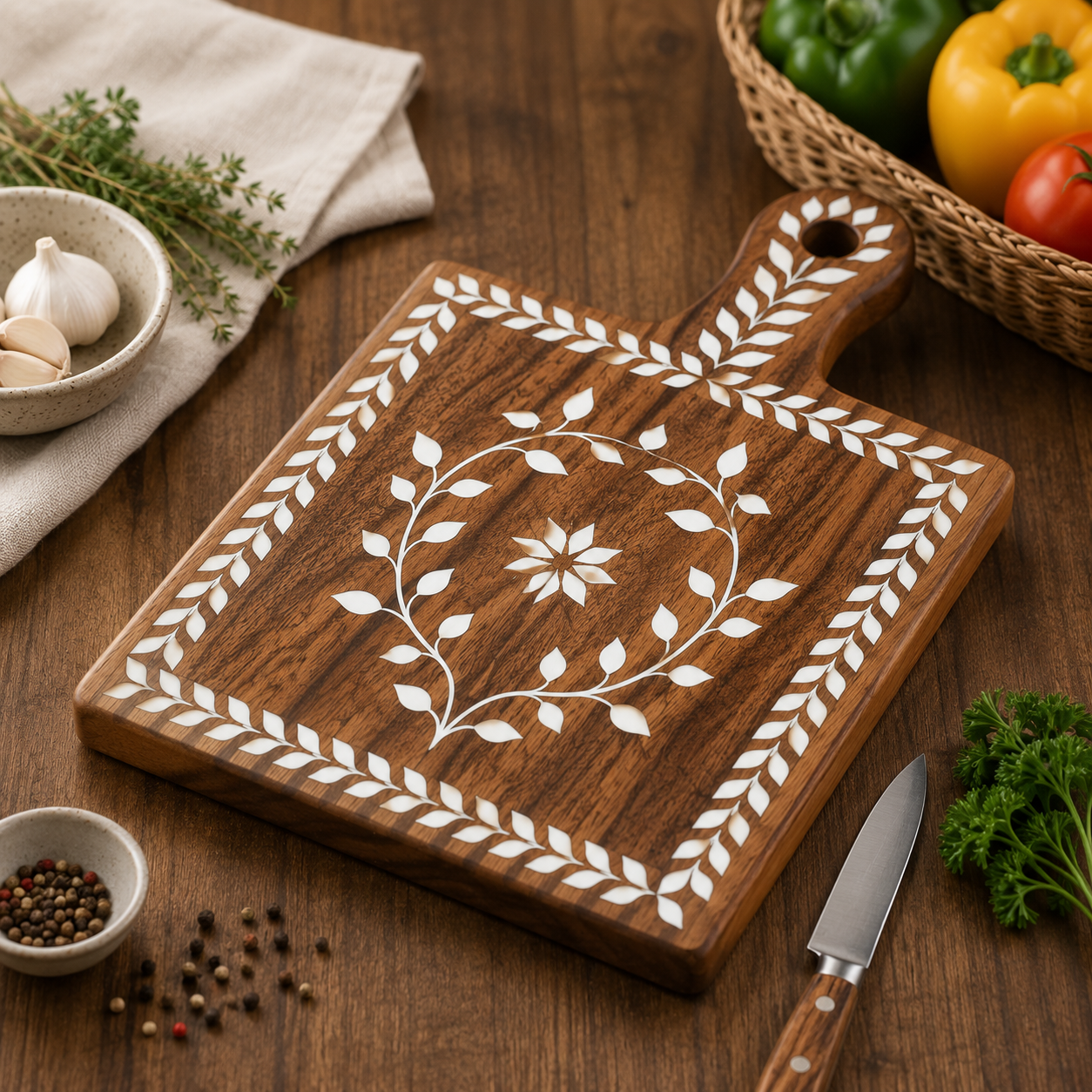Handcrafted wooden Mother of Pearl inlay chopping and serving board with floral design Handcrafted wooden Mother of Pearl inlay chopping and serving board with floral design