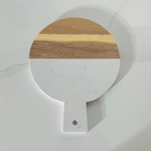 Round wooden and white marble serving board with handle by HandiGlobe