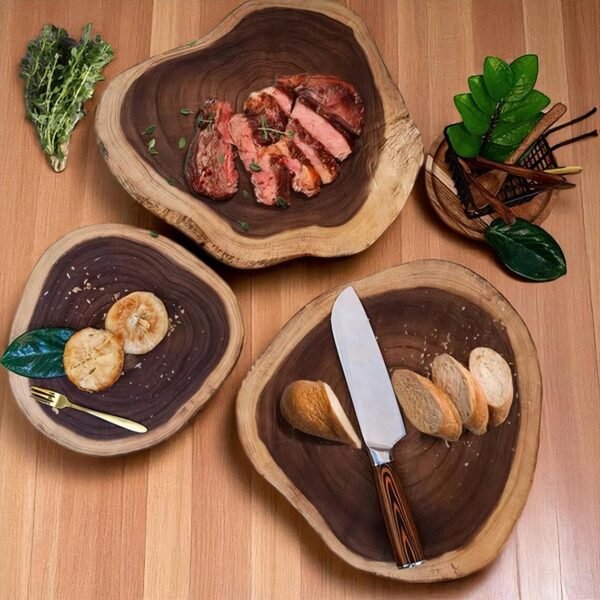 Natural live edge wooden serving bowls handcrafted from solid wood for serving bread, fruits, salads and gourmet dishes.
