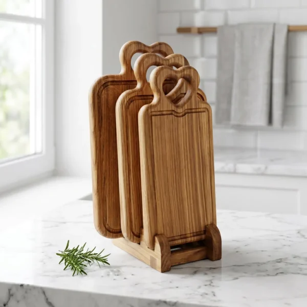 Handcrafted Wooden Chopping Board Set with Stand for Kitchen Food Preparation