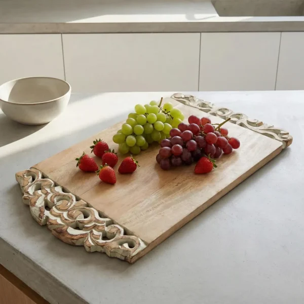 Hand-carved wooden serving board with decorative floral ends by HandiGlobe