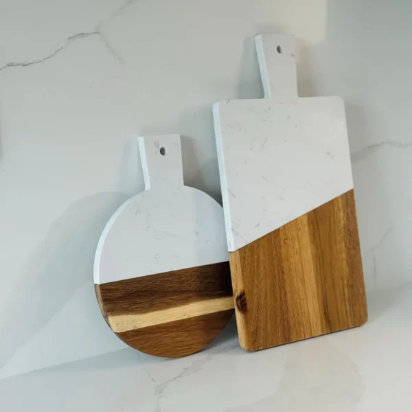Round wooden and white marble serving board with handle by HandiGlobe