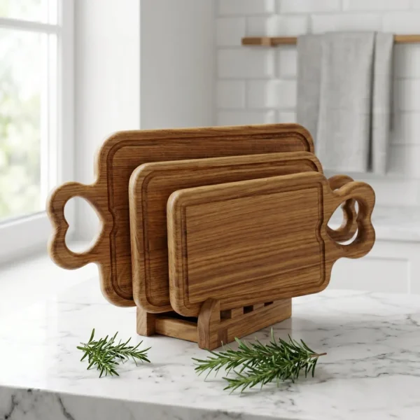 Handcrafted Wooden Chopping Board Set with Stand for Kitchen Food Preparation